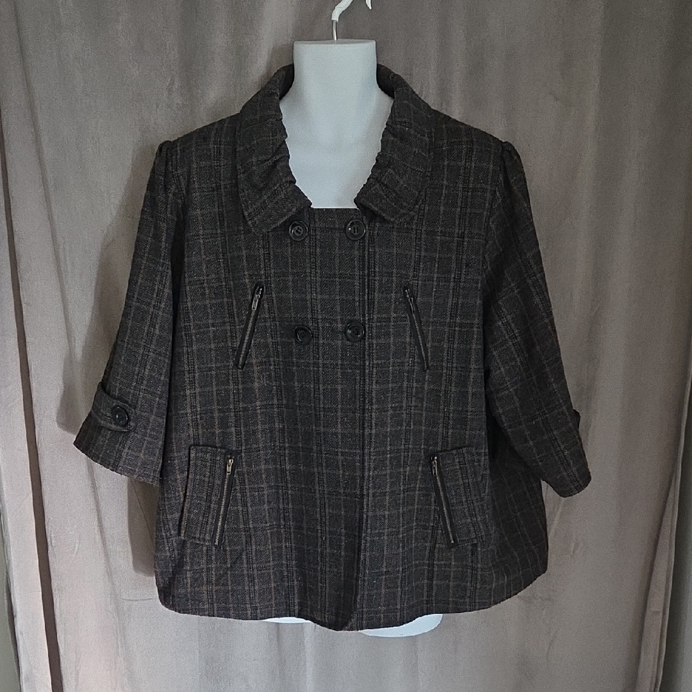Penningtons Size 24 Dark Plaid Double-Breasted Pea Coat